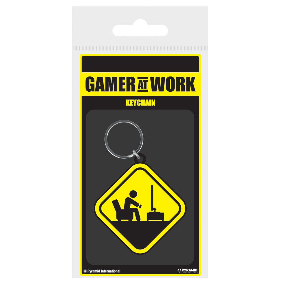KEYCHAIN CARDED GAMER AT WORK CAUTION SIGN