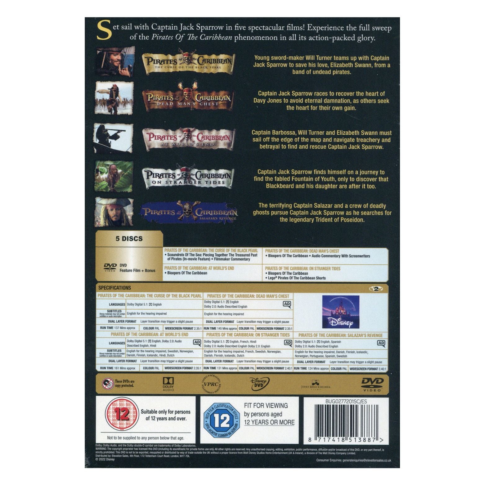 DVD DISNEY PIRATES OF THE CARIBBEAN 5 MOVIE COLLECTION