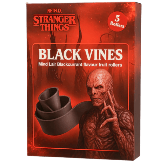 STRANGER THINGS BLACK VINES MIND LAIR BLACKCURRANT FLAVOUR FRUIT ROLLERS 60g